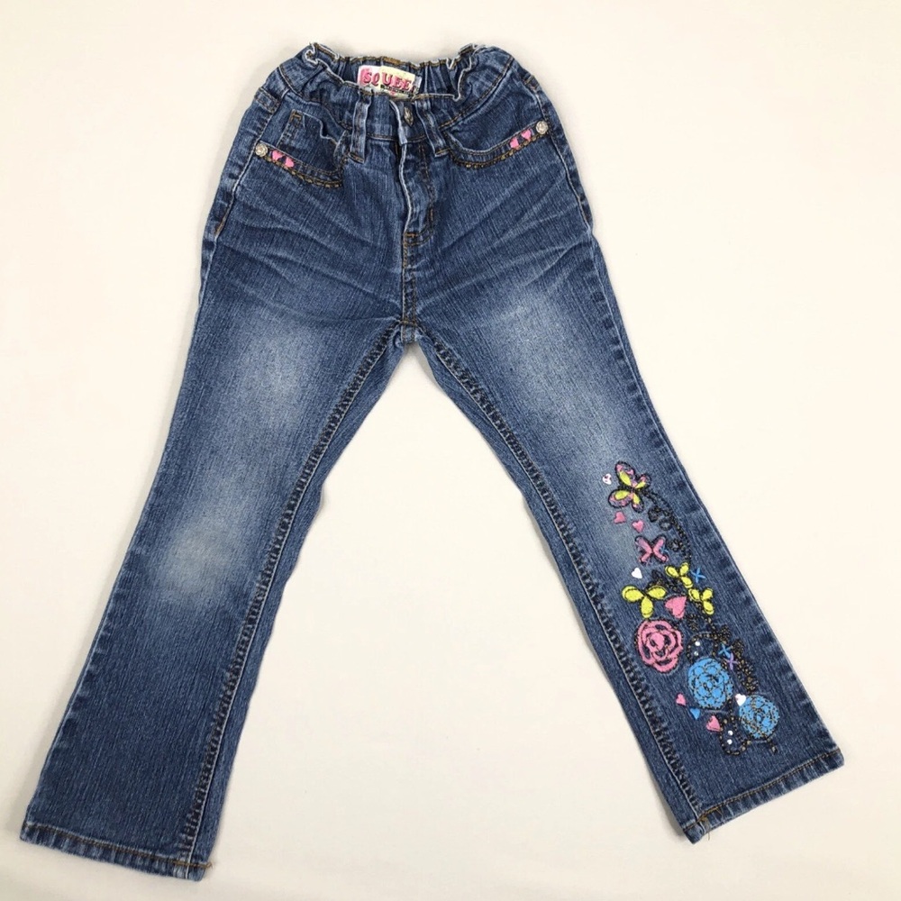 Girls Squeeze Jeans Size 5 Butterfly Embroidered Denim Heart Flowers